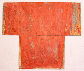 Red Vessel, 2022, 35x41x2”, pigmented plaster on poplar
